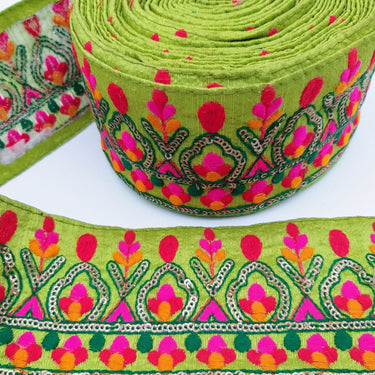 Green Fabric Trim With Green, Fuchsia Pink, Red And Yellow Embroidery and Gold Sequins